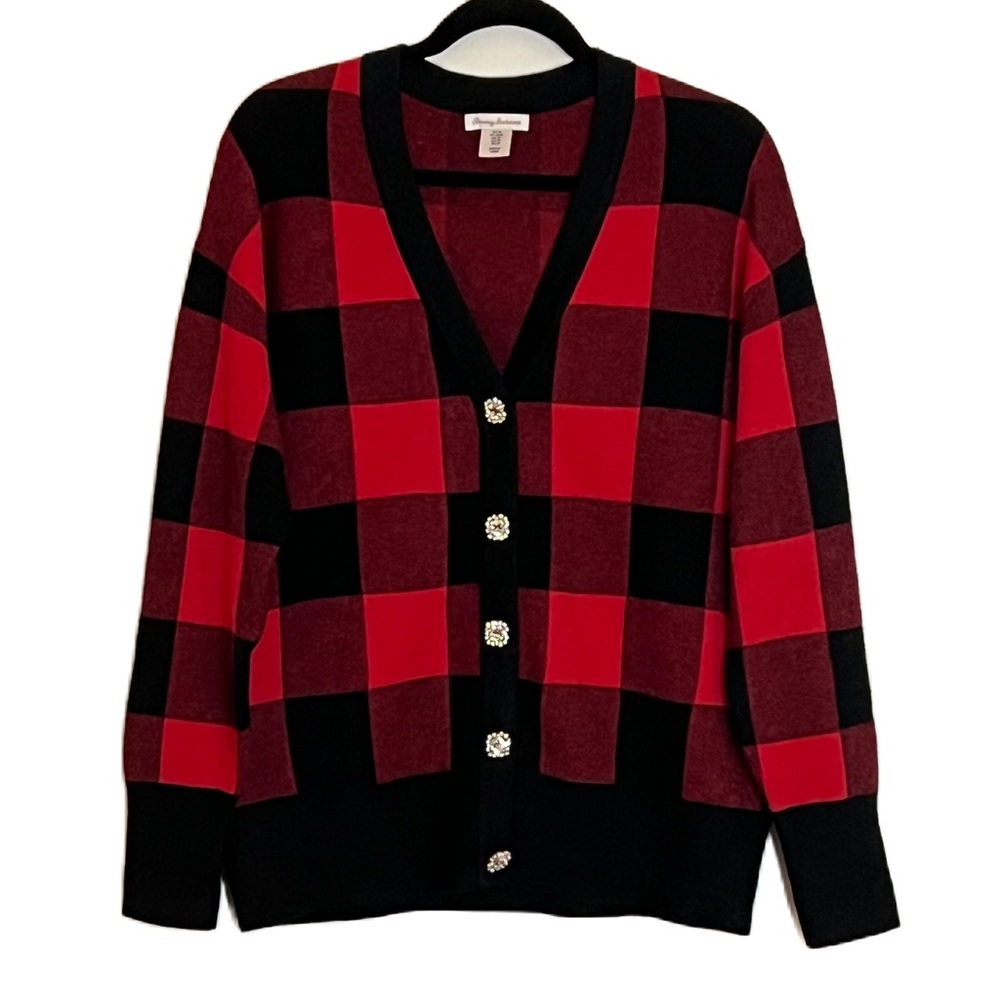 Tommy Bahama Size Medium Buffalo Plaid Jewel Button Cardigan Sweater‎ Red Black